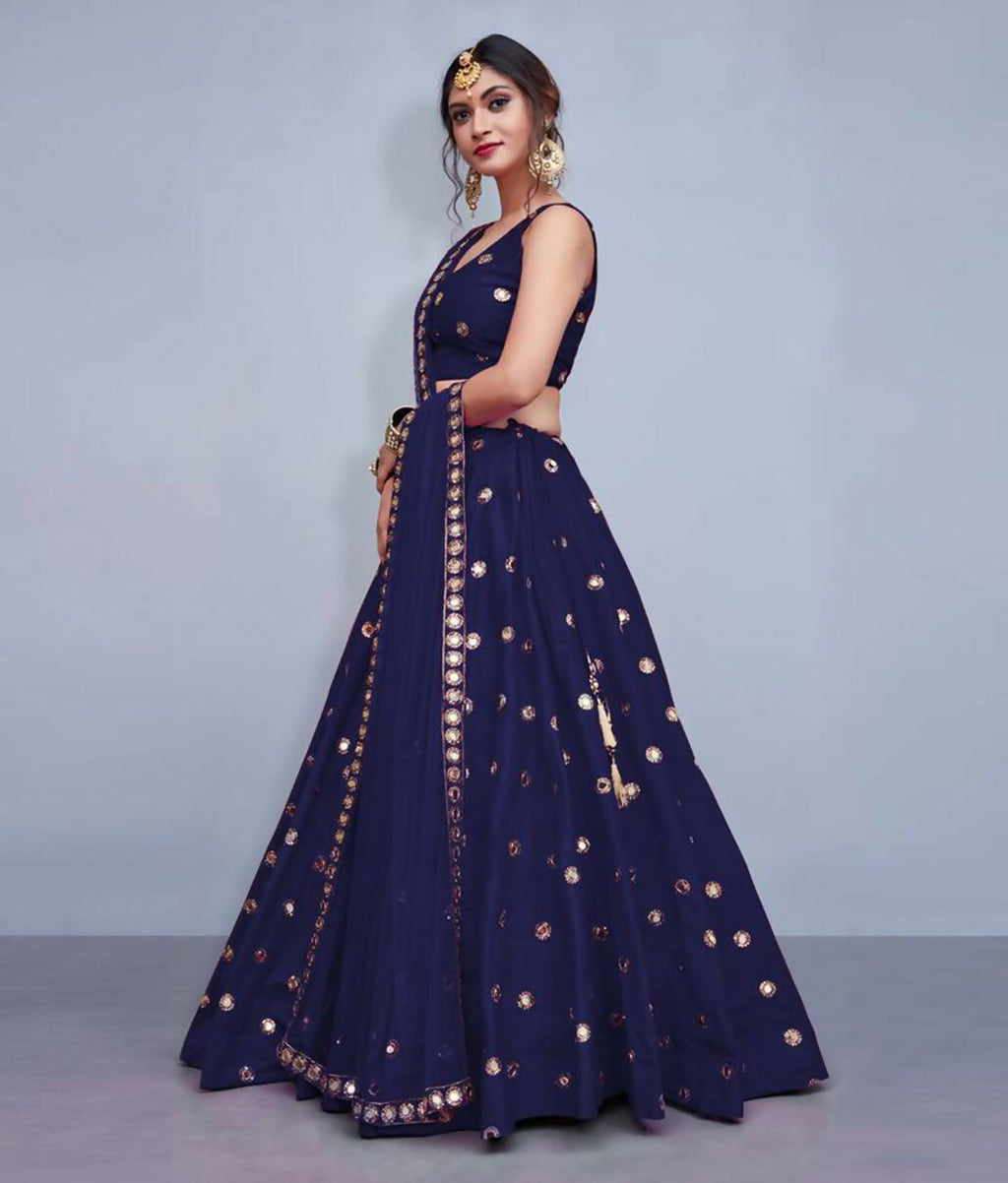 Jyoti Fashion Beautiful Navy Blue Embroidered with Mirror work Art Silk Party Wear Lehenga Choli with Dupatta | Grocsy