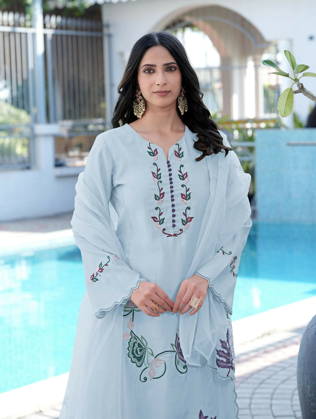 Nikhaar Light Blue Embroidered Art Silk Stitched Straight Cut Kurta Pants Dupatta Readymade Suit | Grocsy