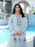 Nikhaar Light Blue Embroidered Art Silk Stitched Straight Cut Kurta Pants Dupatta Readymade Suit | Grocsy