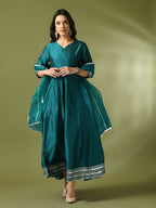 Myshka Women's Teal Solid Silk Anarkali Party Kurta With Dupatta | Grocsy