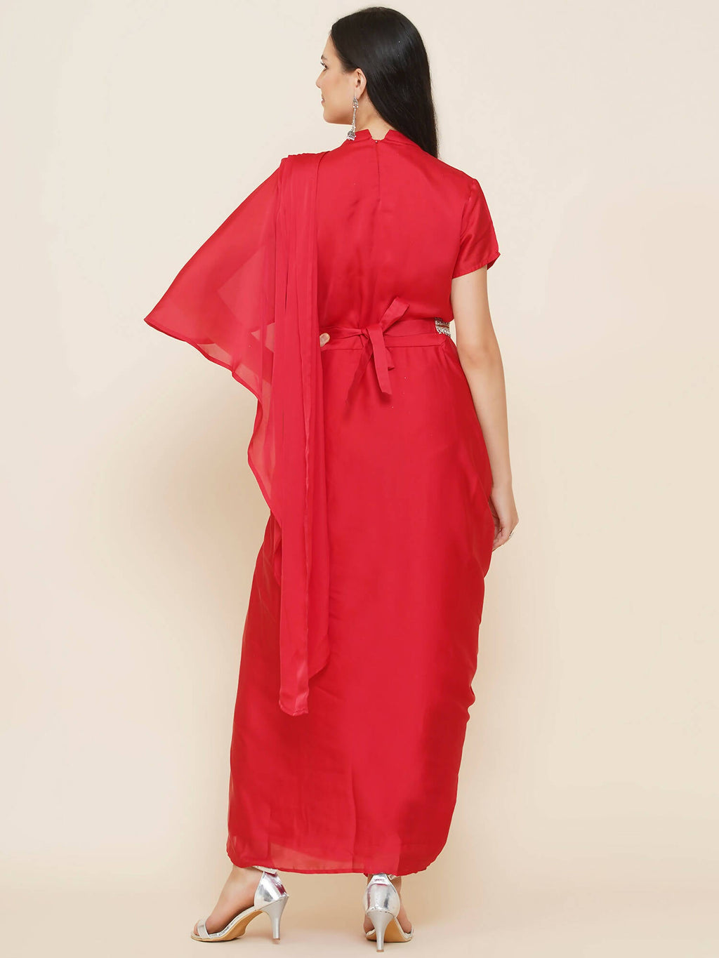 Women Republic Red Hand Embelleshed Gown With Drape | Grocsy