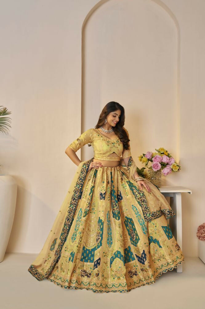 Kesar Fab Yellow Banarasi Silk Embroidered Lehenga | Grocsy