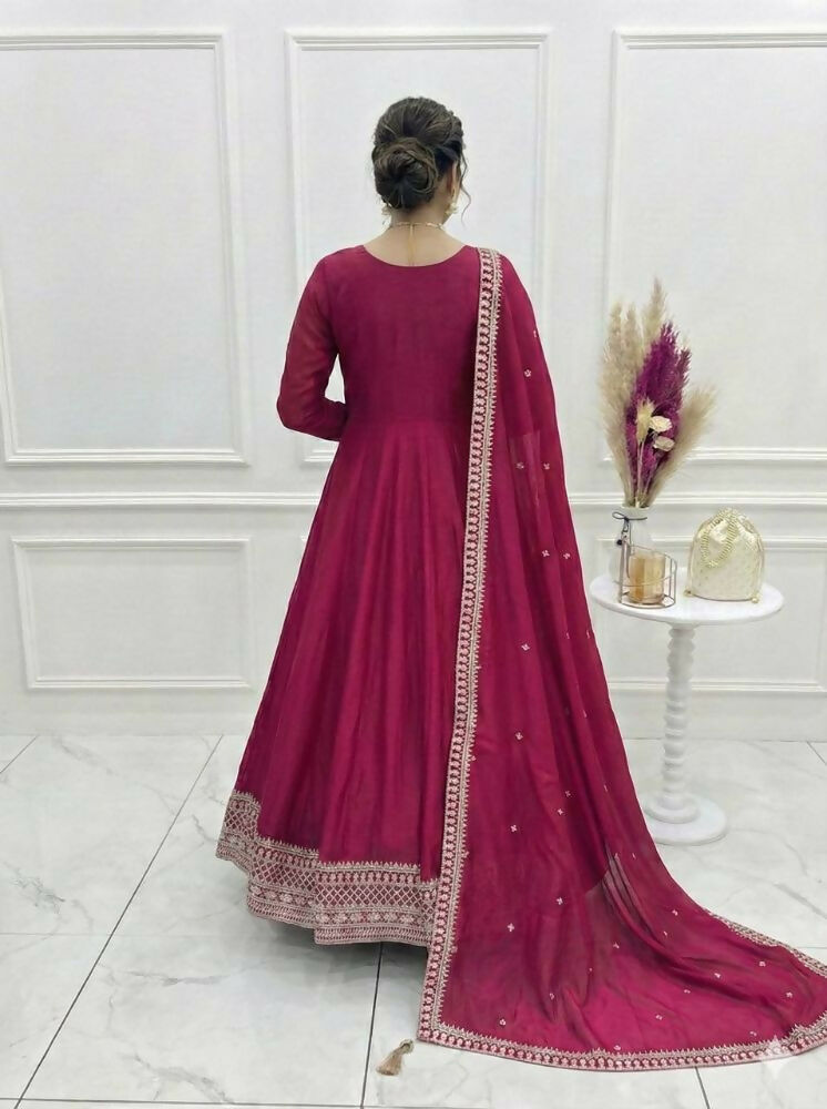 The52 Women's Gorgeous Embroidery Work Vichitra SIlk Fabric Flared Anarkali Dupatta Set | Grocsy