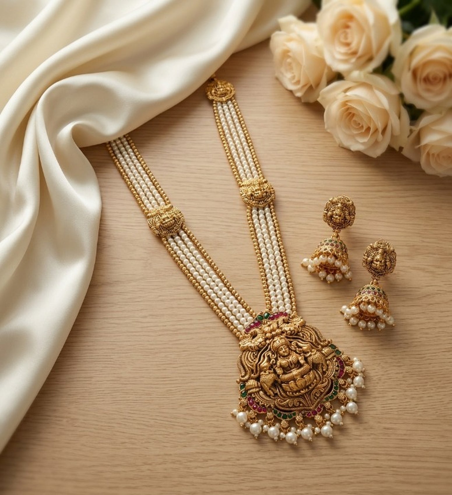 Jewel City Gold Plated South Indian Temple Jewelry Set - Pearl Mala Long Haram Necklace with Jhumka Earrings for Wedding | Grocsy