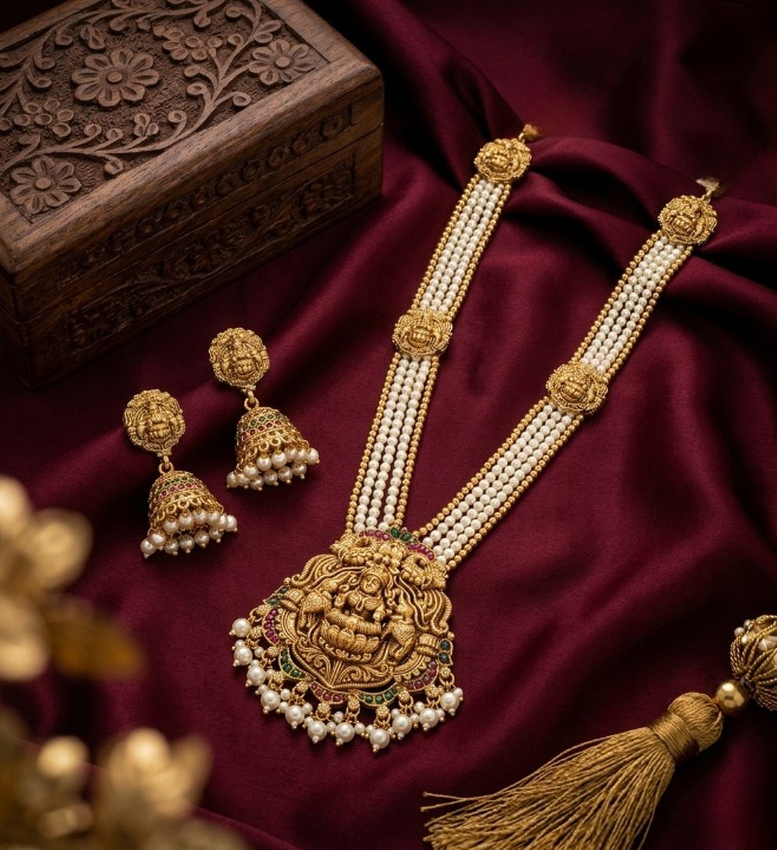 Jewel City Gold Plated South Indian Temple Jewelry Set - Pearl Mala Long Haram Necklace with Jhumka Earrings for Wedding | Grocsy