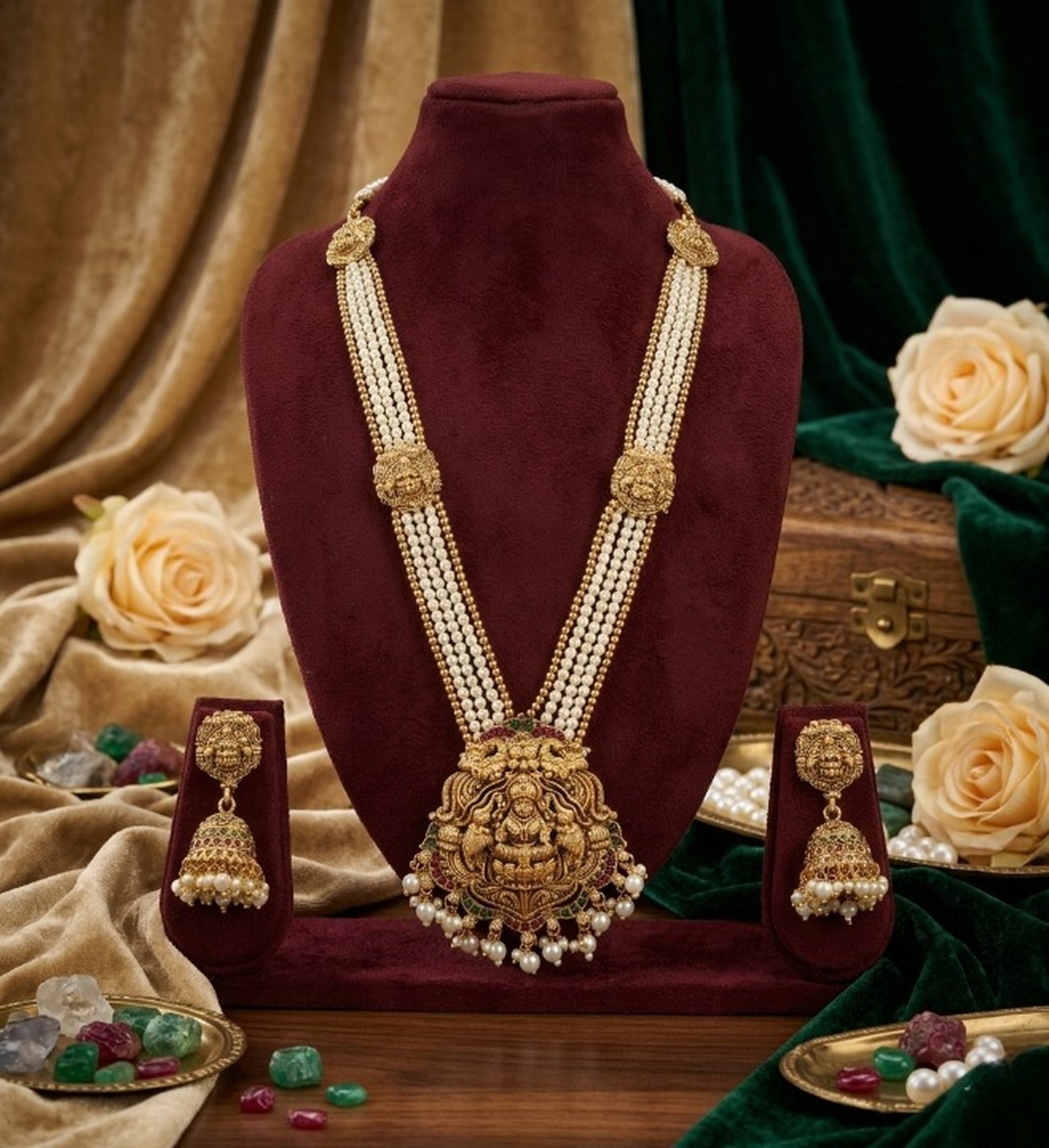 Jewel City Gold Plated South Indian Temple Jewelry Set - Pearl Mala Long Haram Necklace with Jhumka Earrings for Wedding | Grocsy