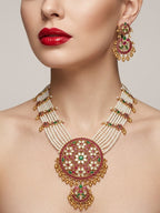 Jewel City Gold Plated Long Kundan Haram Pearl Necklace Set with Round Pendant & Earrings for Indian Bridal Wedding Jewelry | Grocsy