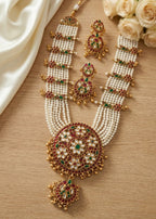 Jewel City Gold Plated Long Kundan Haram Pearl Necklace Set with Round Pendant & Earrings for Indian Bridal Wedding Jewelry | Grocsy