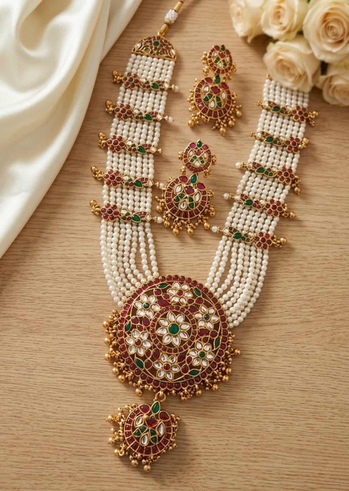 Jewel City Gold Plated Long Kundan Haram Pearl Necklace Set with Round Pendant & Earrings for Indian Bridal Wedding Jewelry | Grocsy