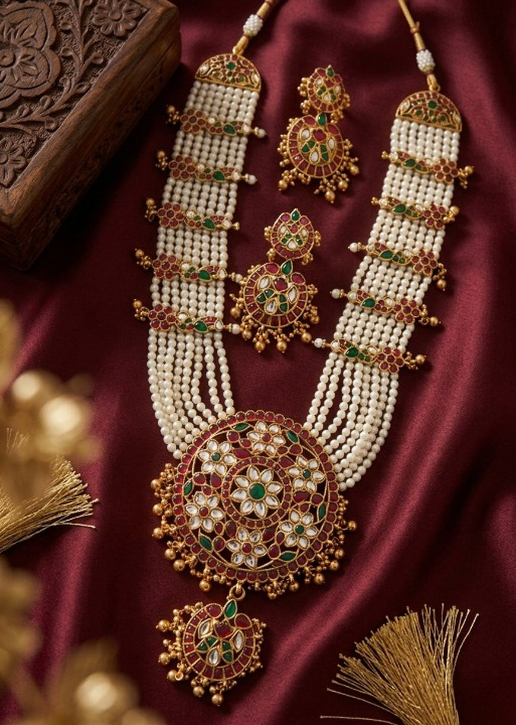 Jewel City Gold Plated Long Kundan Haram Pearl Necklace Set with Round Pendant & Earrings for Indian Bridal Wedding Jewelry | Grocsy