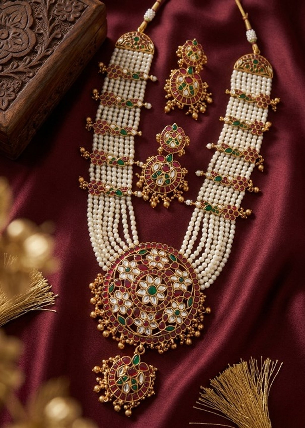 Jewel City Gold Plated Long Kundan Haram Pearl Necklace Set with Round Pendant & Earrings for Indian Bridal Wedding Jewelry | Grocsy
