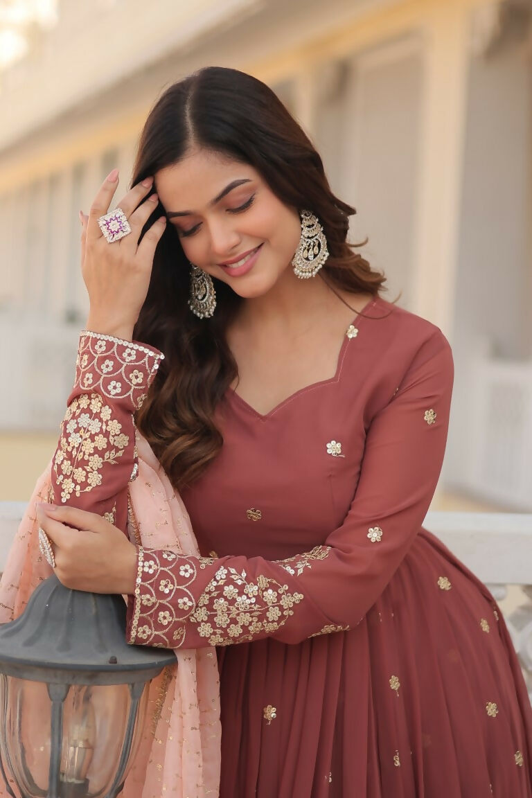 Jyoti Fashion Women's Brown Faux Georgette Sequins Thread Embroidery Anarkali Dress with Dupatta | Grocsy