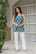Jaitra Apparels Green Pure Cotton Block Printed Halter Neck Top | Grocsy