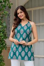 Jaitra Apparels Green Pure Cotton Block Printed Halter Neck Top | Grocsy