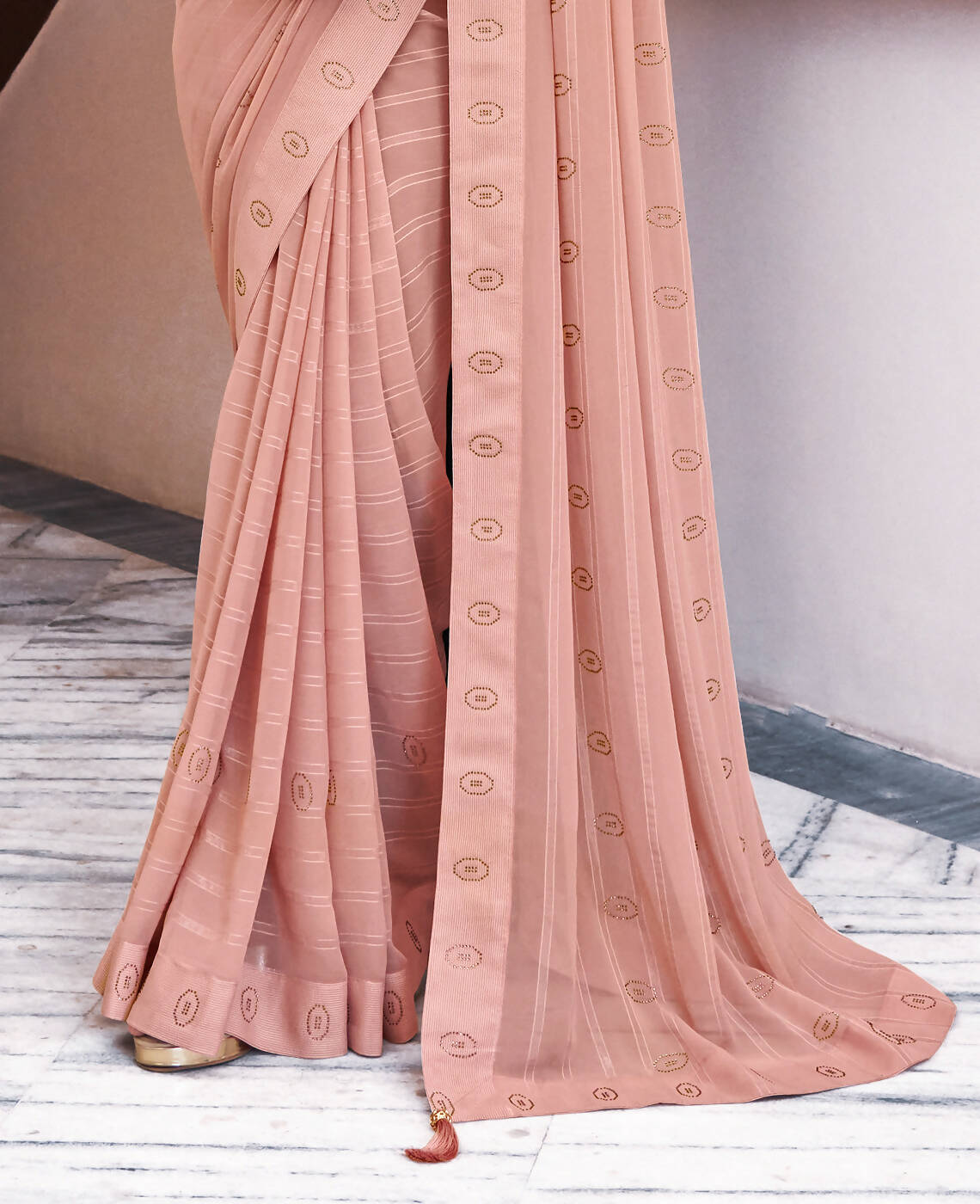 Peach Georgette Swaroski Work Saree With Unstitched Blouse Piece - Juhi | Grocsy