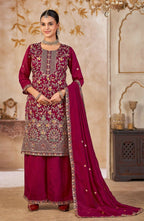 Anaita Maroon Vichitra Silk Readymade Palazzo Suit with Embroidery & Lace Work | Grocsy