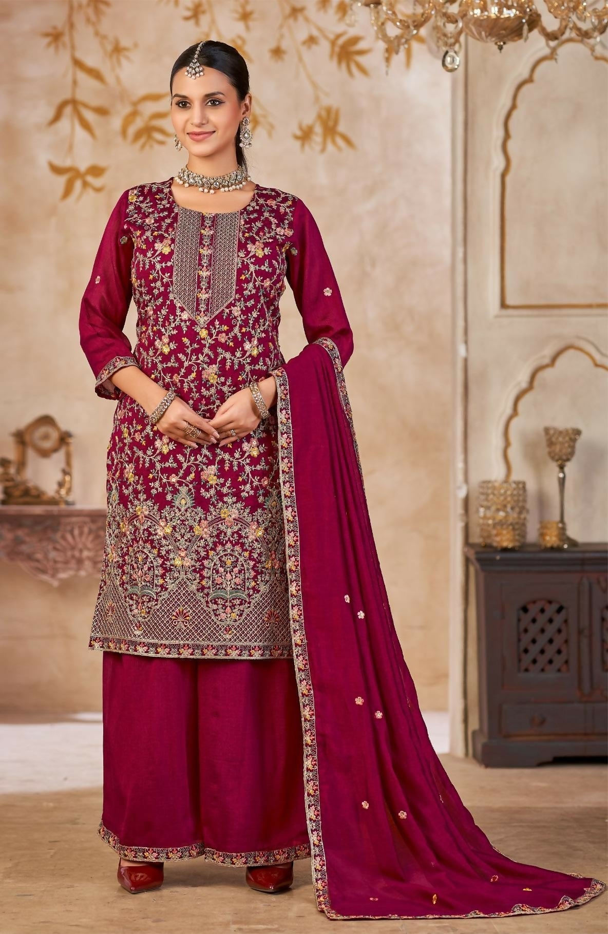 Anaita Maroon Vichitra Silk Readymade Palazzo Suit with Embroidery & Lace Work | Grocsy