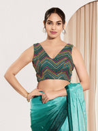 Joban Fashion Cobalt Blue Net Padded Blouse With V Neck Sleeveless | Grocsy