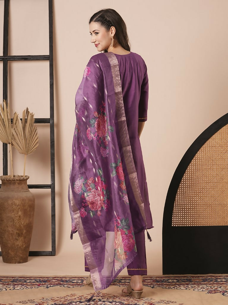 Purple Viscose Chanderi Embroidery Work Kurta Set - Riya | Grocsy