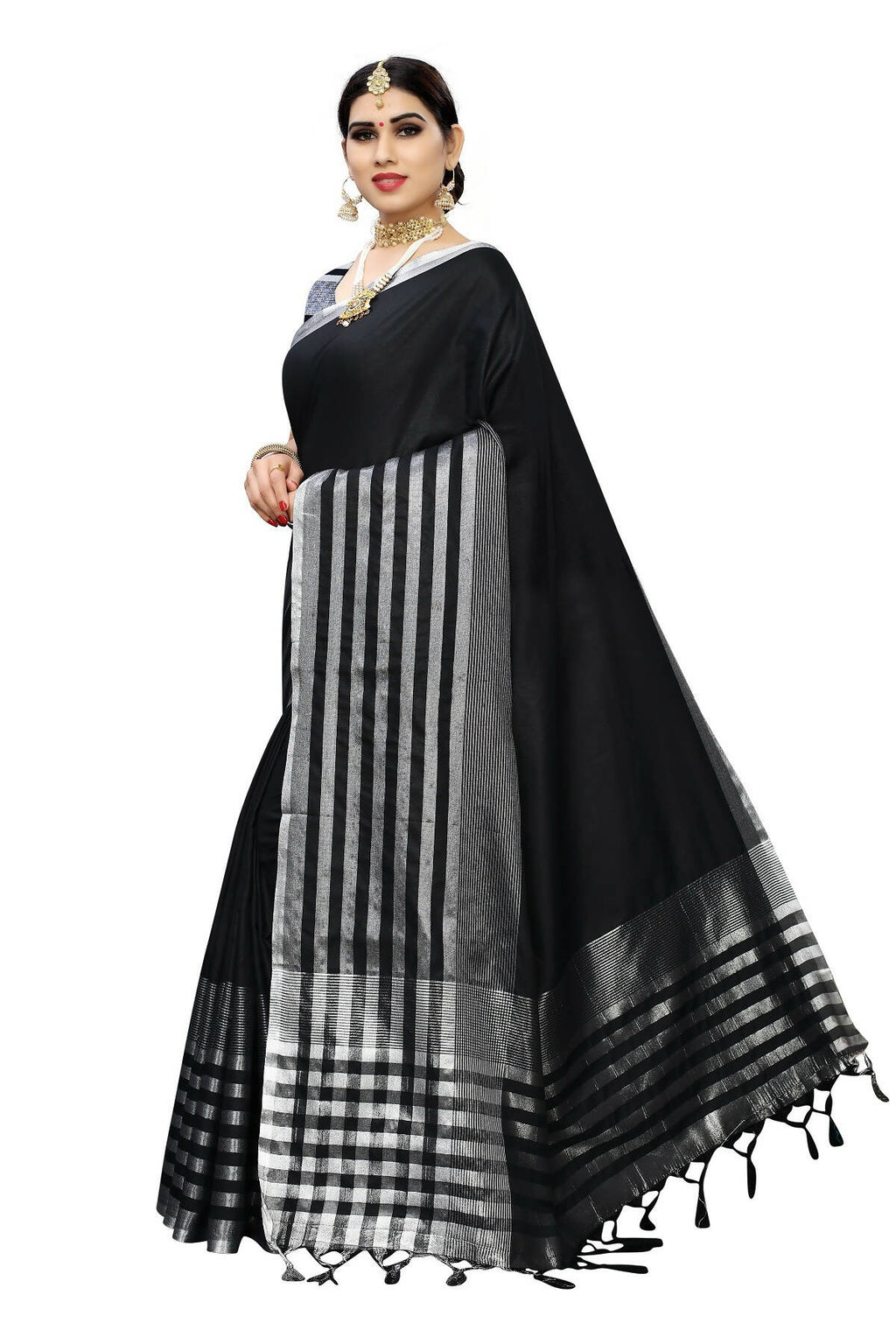 Vamika Black Cotton Silk Weaving Saree (Twitter Black) | Grocsy
