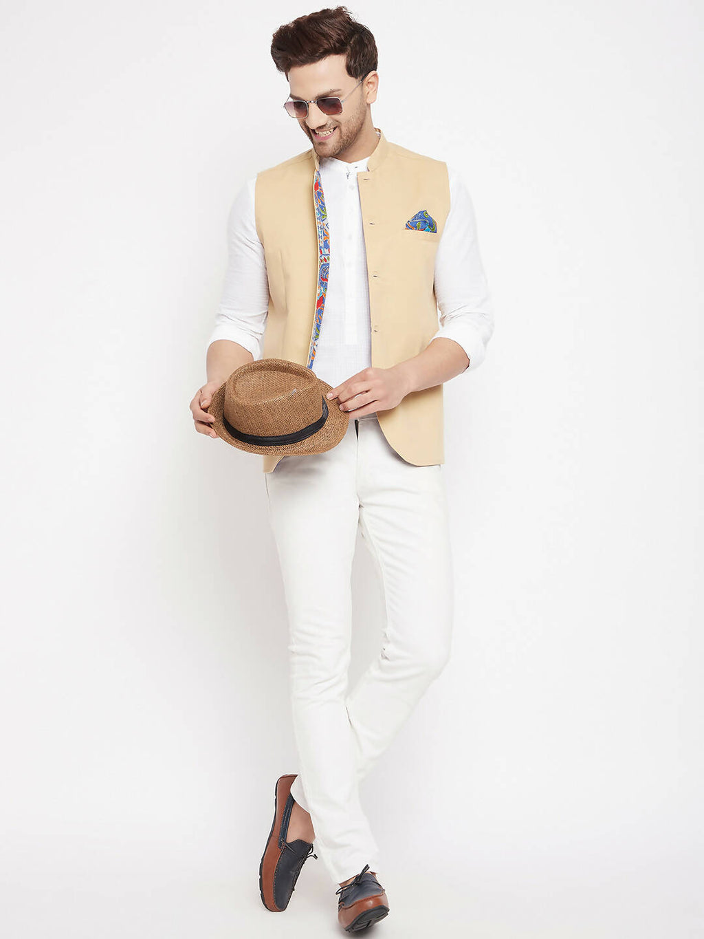 Even Apparels Beige Polyester Men's Nehru Jacket-Contrast Lining-Inbuilt Pocket Square | Grocsy