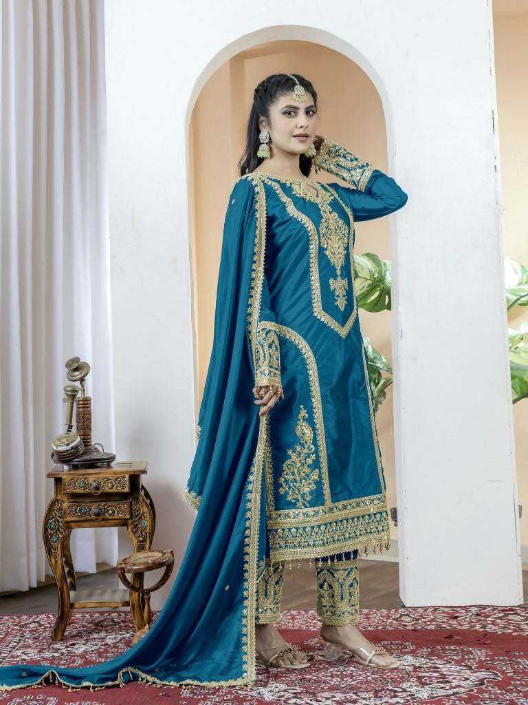 Teeya Creation Morepich Color Chinnon Silk Embroidery Work Fully Stitched Salwar Suit | Grocsy