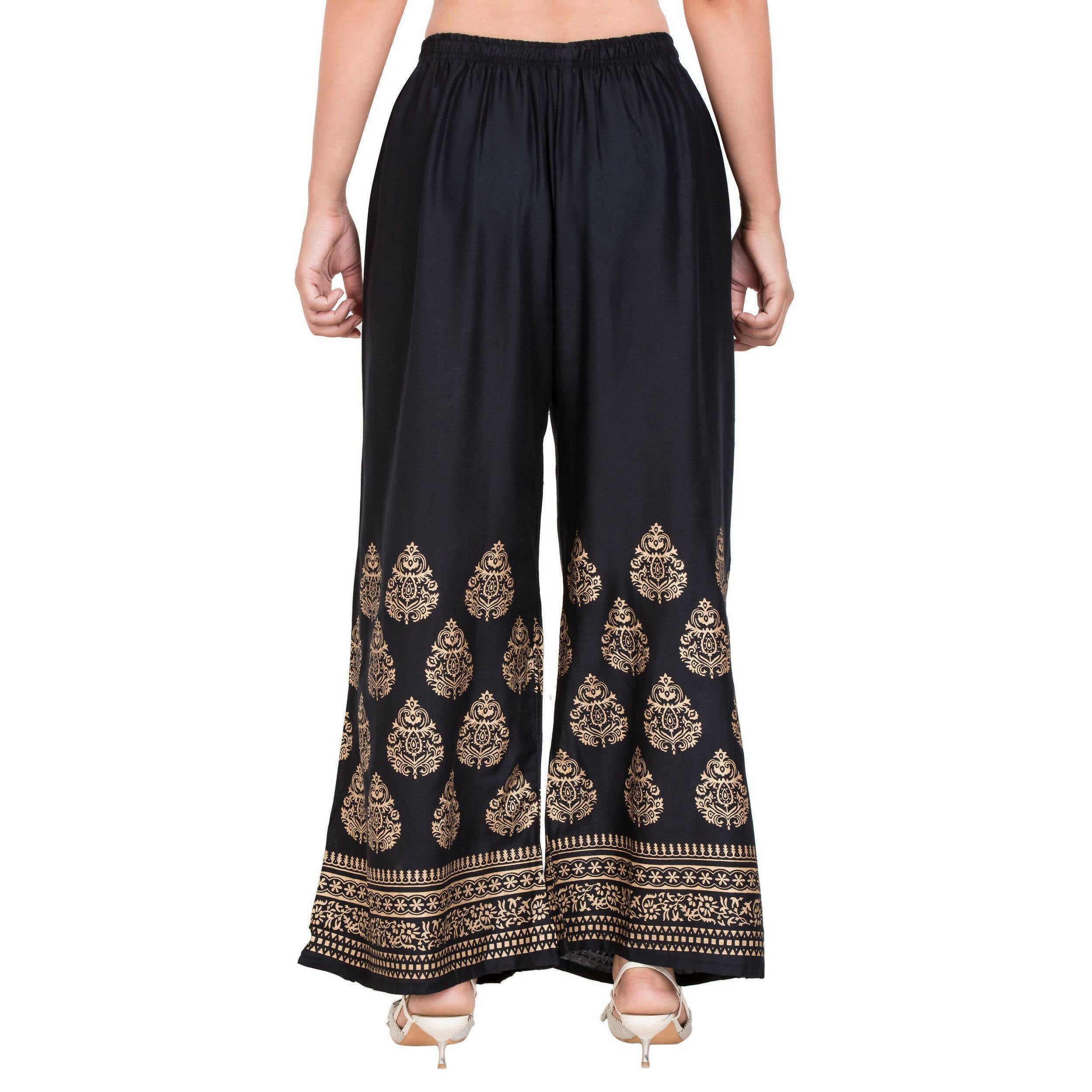 PAVONINE Black Color Golden Printed Rayon Fabric Sharara For Girls & Women | Grocsy