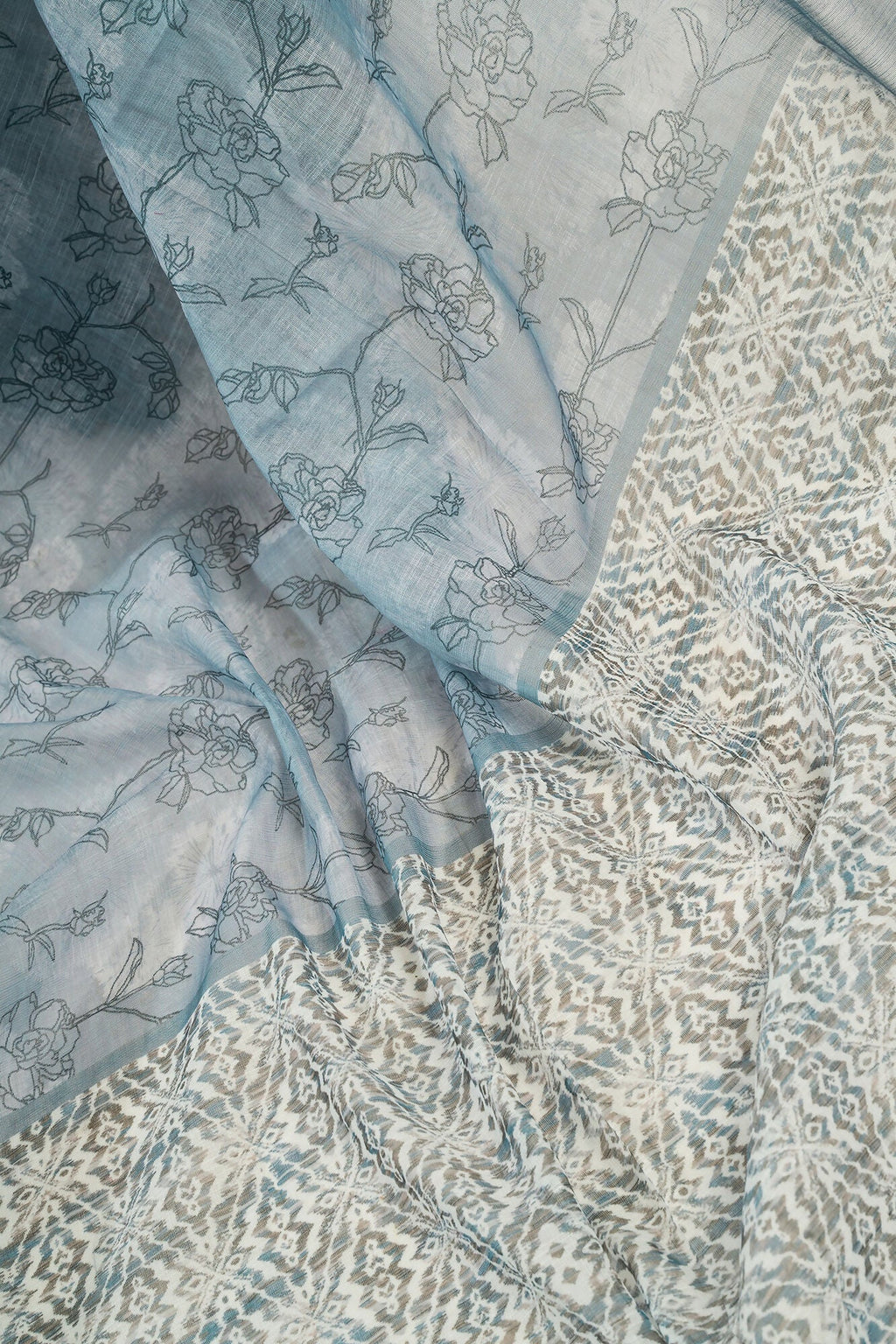 Vastranavya Sea Blue Digital Printed Linen Ready To Wear Designer Saree with Unstitched Blouse | Grocsy