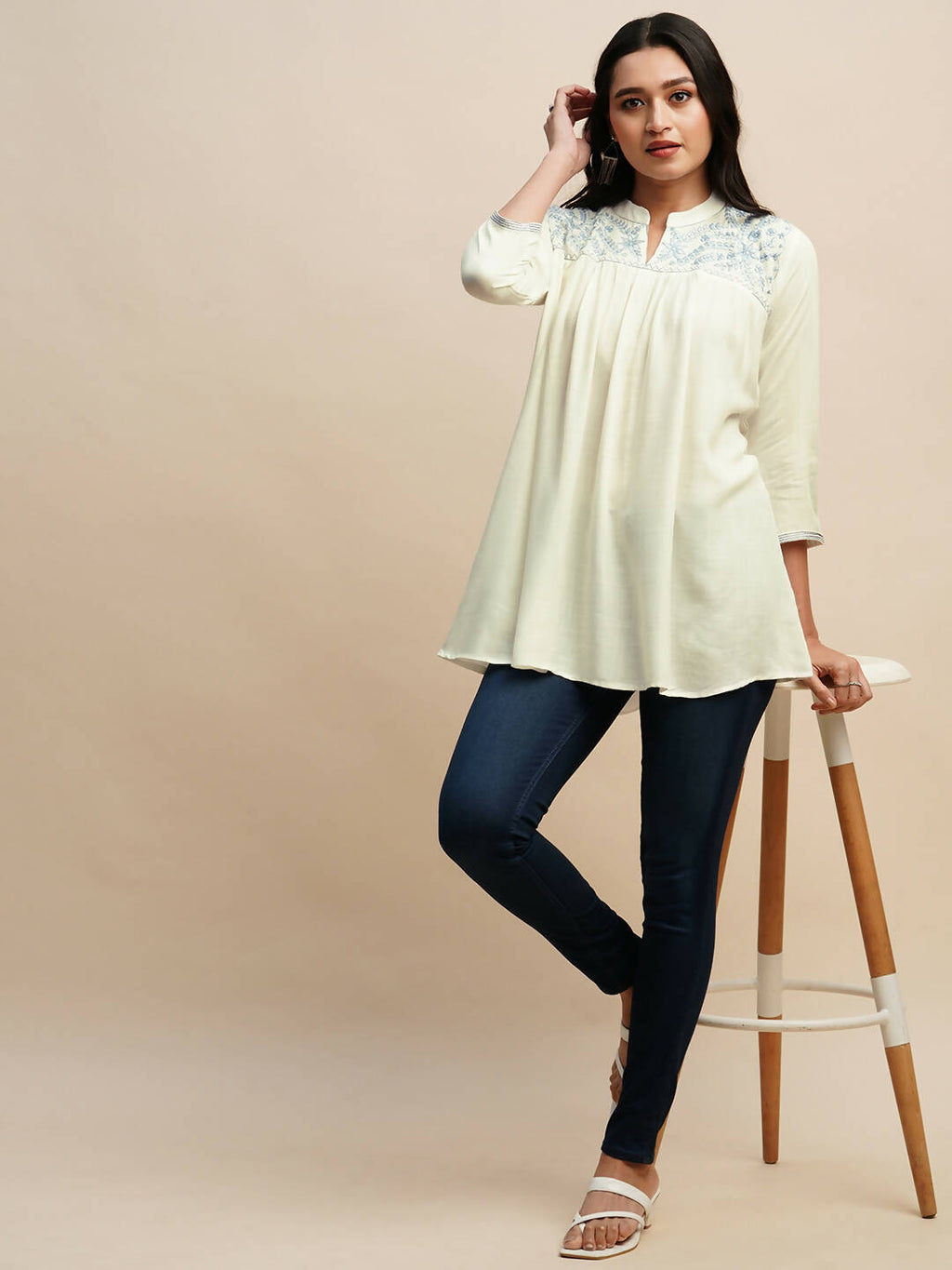 White Rayon Embroidered Top - Tarini | Grocsy