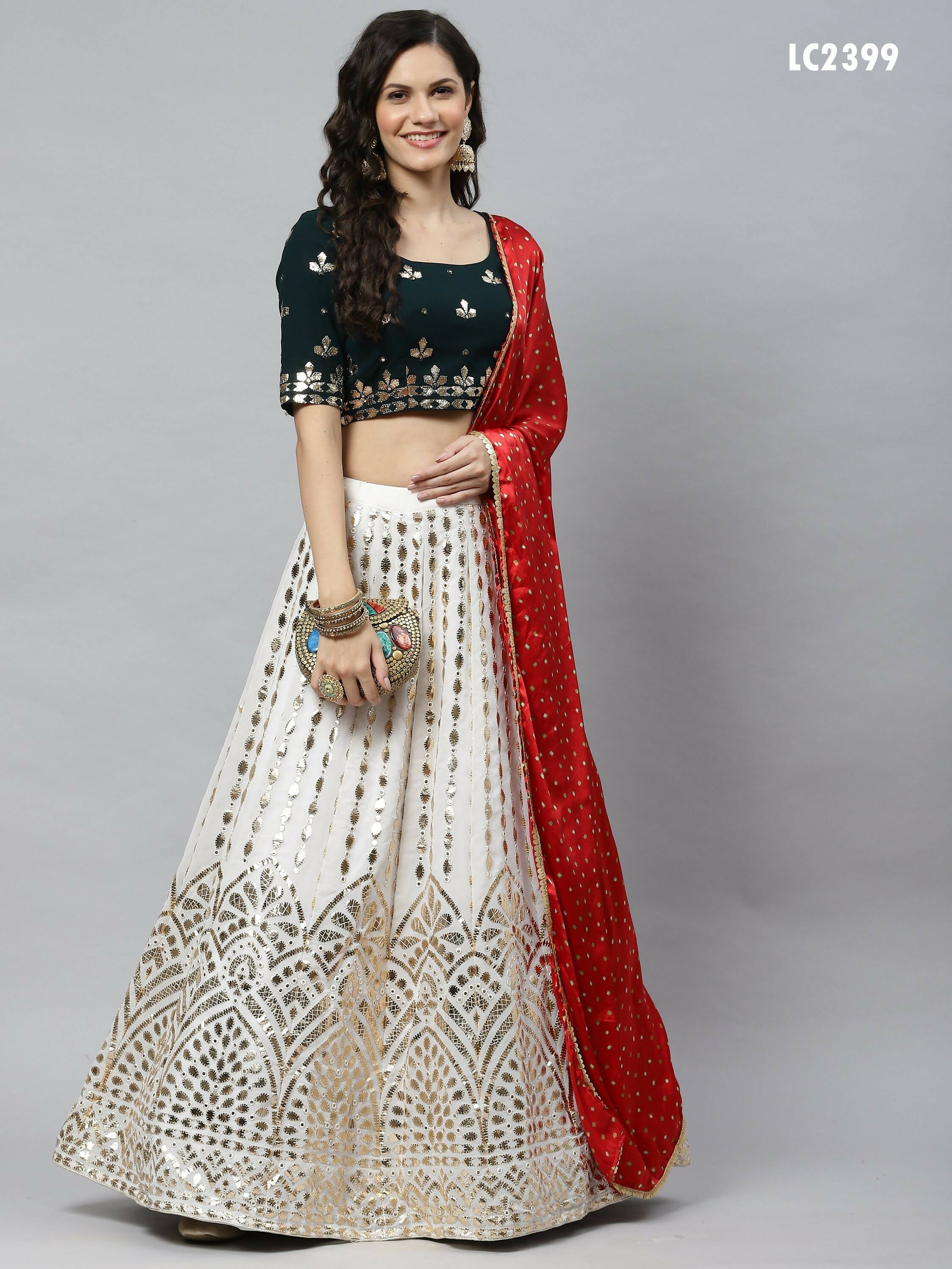 White Georgette Paper Mirror Embroidery Work Lehenga Choli with Dupatta - Jivika | Grocsy