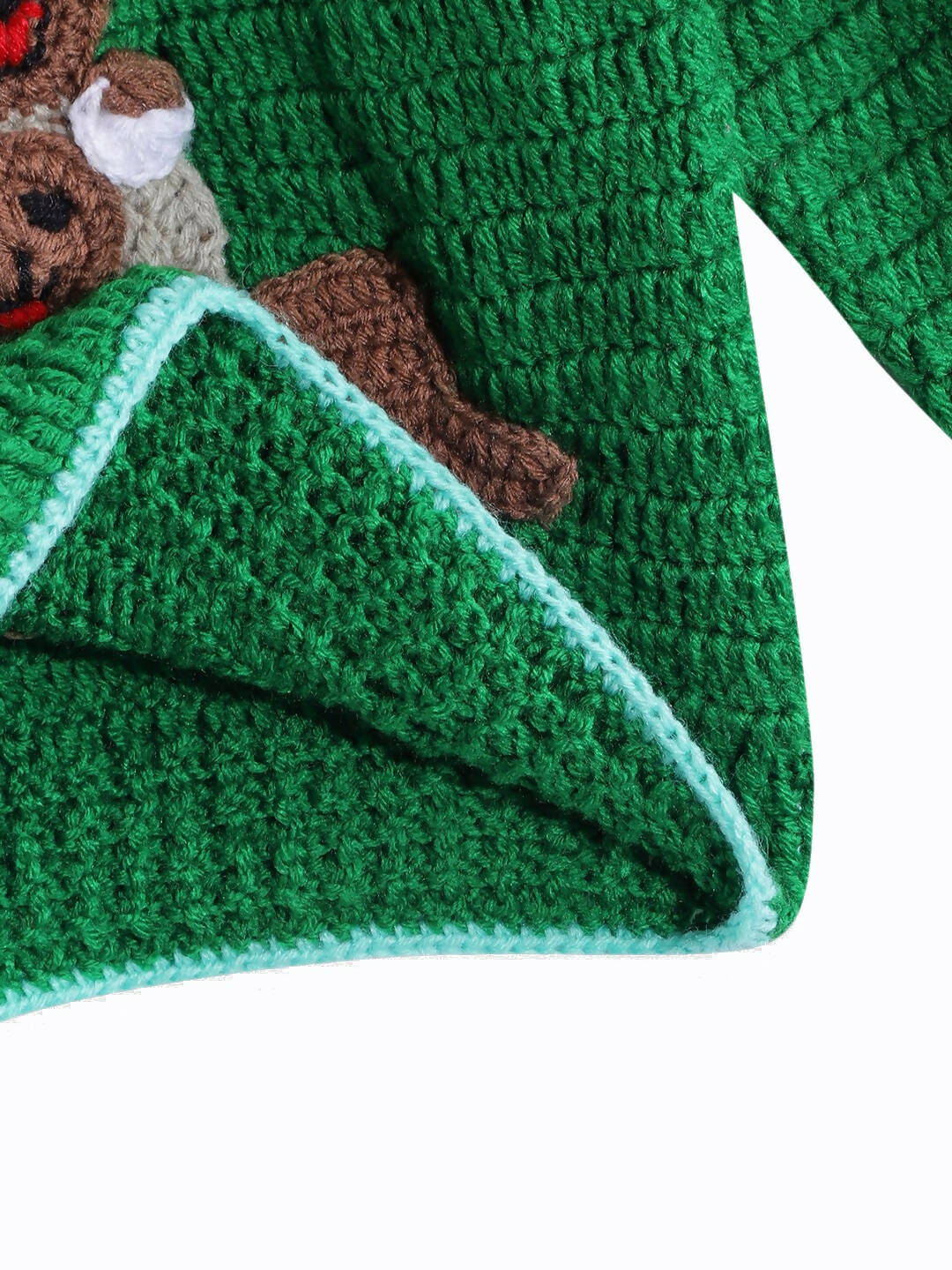 Chutput Kids Woollen Hand Knitted Full Sleeves Kangaroo Detail Cardigan For Baby Boys - Green | Grocsy