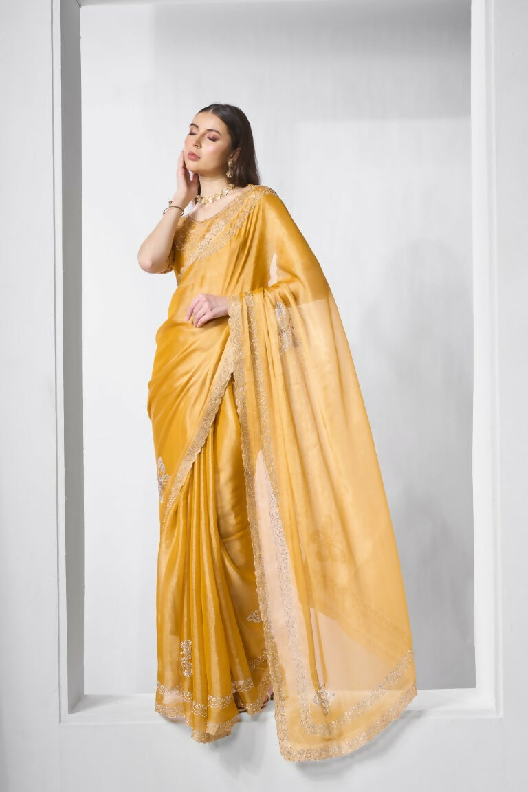 Yellow Burburry silk Swarovski Designer Work Saree - Shezlin | Grocsy