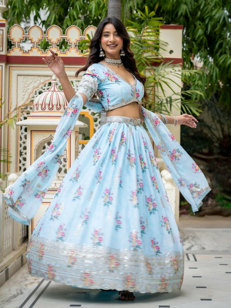 Women’s Semi-Stitched Sky Blue Star Georgette Zari Sequence Embroidery Digital Printed Work Lehenga Choli With Star Georgette Dupatta-Jihu Culture | Grocsy