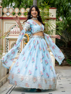 Women’s Semi-Stitched Sky Blue Star Georgette Zari Sequence Embroidery Digital Printed Work Lehenga Choli With Star Georgette Dupatta-Jihu Culture | Grocsy