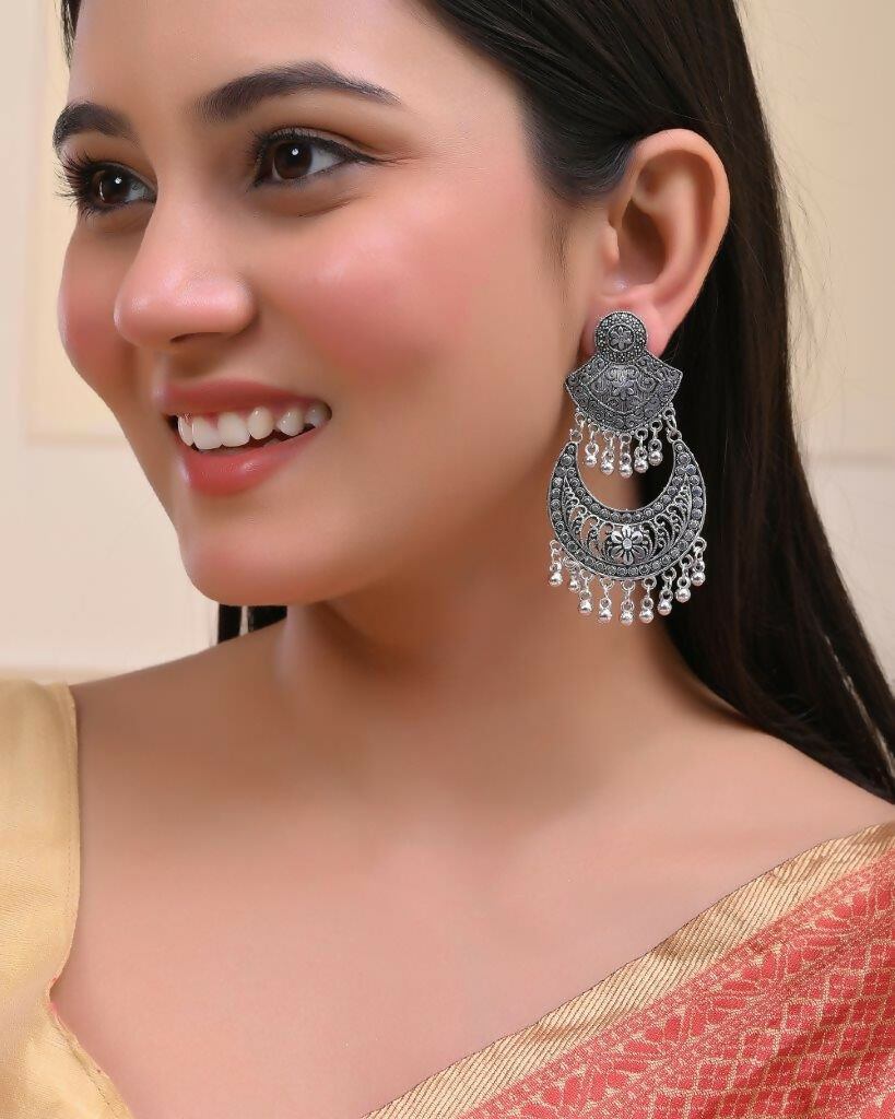 VOJ Silver Plated Oxidized Chandbali Earrings | Grocsy