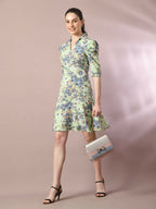 Myshka Women's Green Printed Shirt Collar Fit and Flare Party Dress | Grocsy