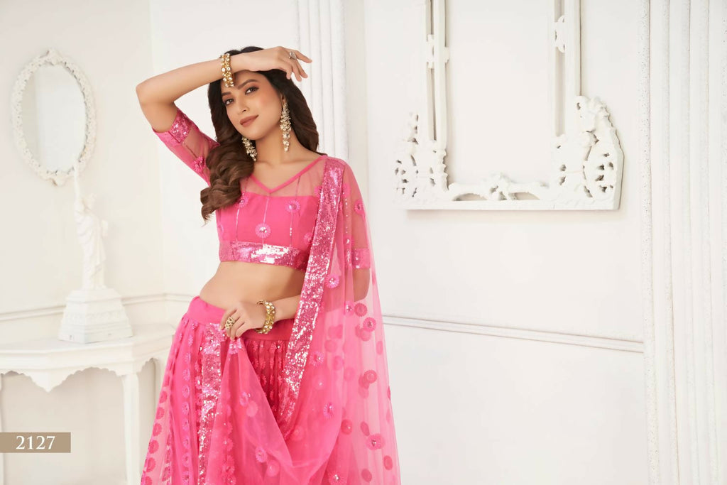 Aastha Fashion Bright Pink Butterfly Net Tone To Tone Thread Work And Sequence Work Embroidery Wedding Wear Lehenga Choli | Grocsy