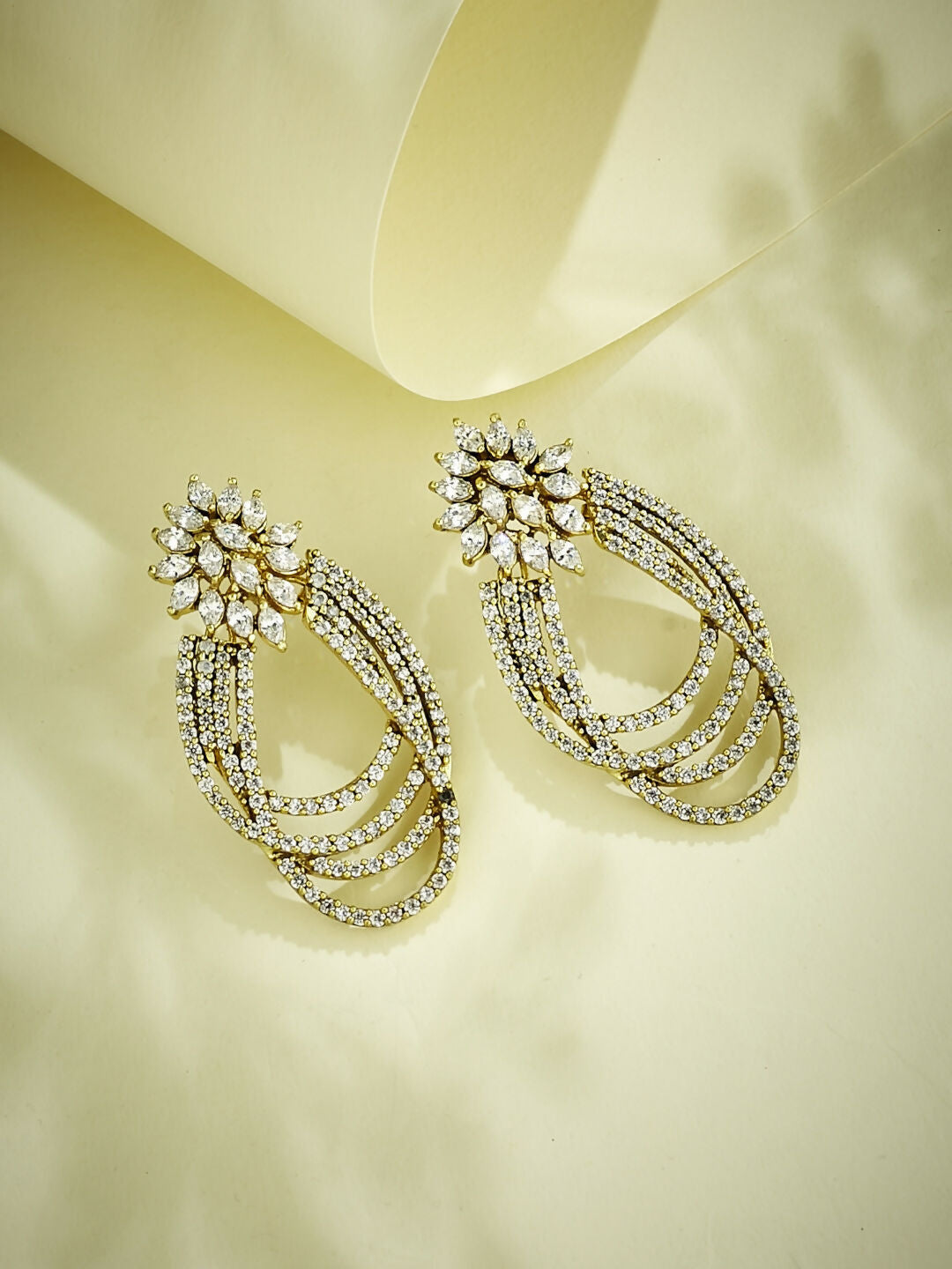 Nuyug 22K Gold-Plated Floral Motif Zircon Stone Studded Teardrop Shaped Elegant Drop Dangler Earrings | Grocsy
