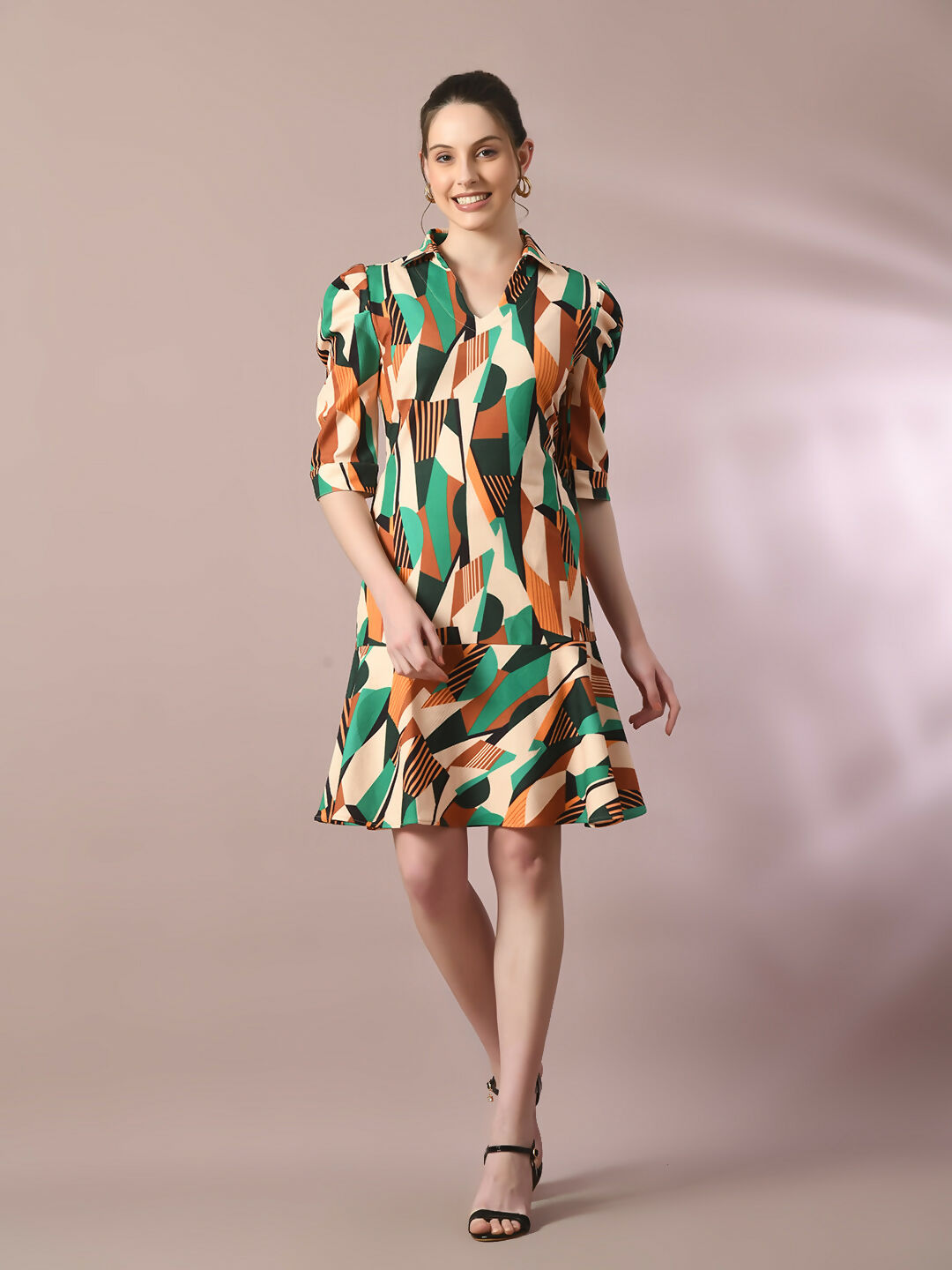 Myshka Women's Multi Printed Shirt Collar Fit and Flare Party Dress | Grocsy