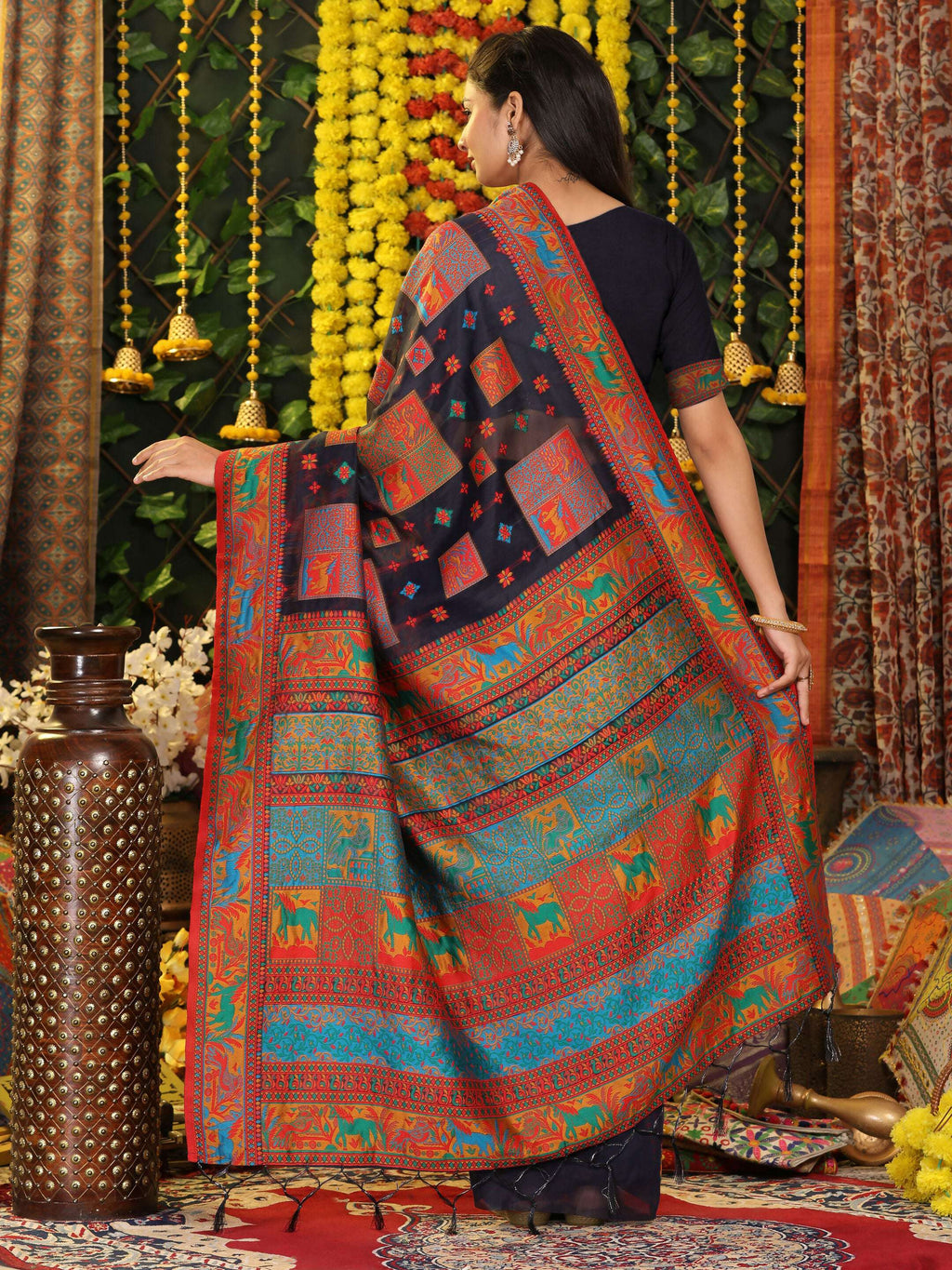 Shree Shyam Fashion Linen Cotton Navy Blue Saree | Grocsy