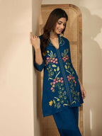Joban Fashion Women Blue Roman Silk Embroidered Stitched Kurta Set | Grocsy