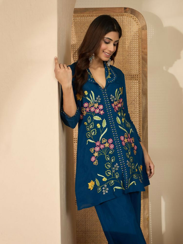 Joban Fashion Women Blue Roman Silk Embroidered Stitched Kurta Set | Grocsy