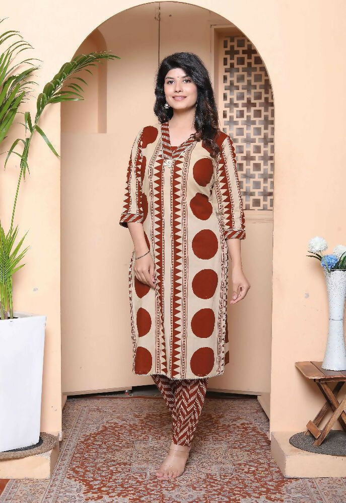 Miravan Womens Brown Pure Cotton Kurta With Palazzo Set | Grocsy