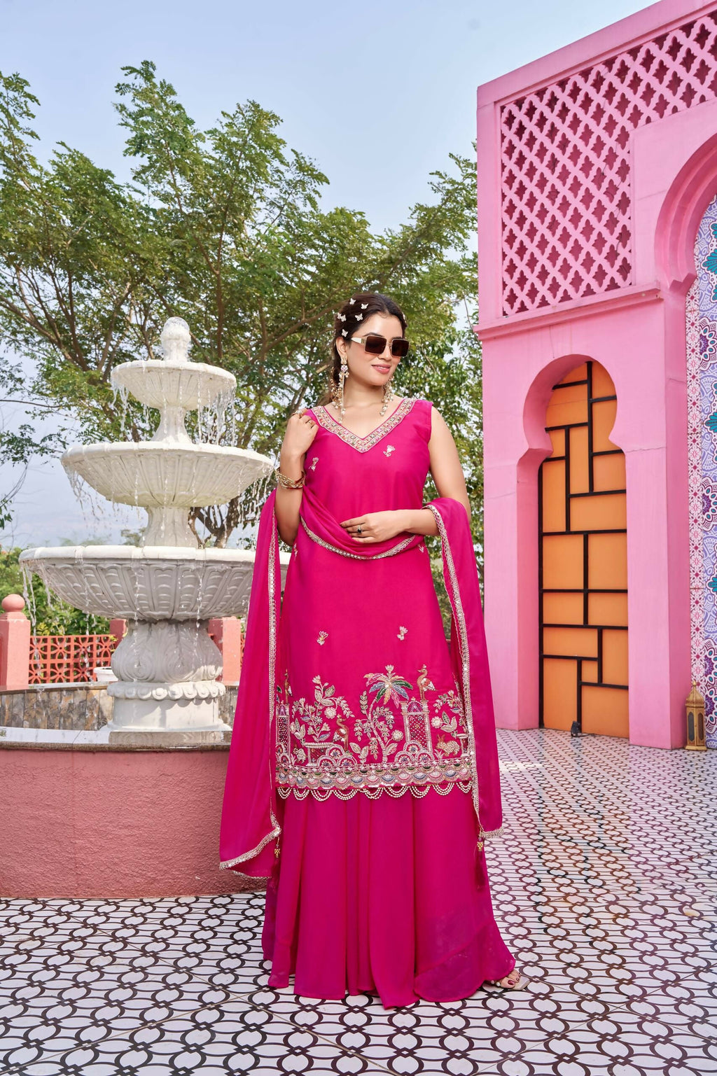 Teeya Creation Womens New Stylish Moti Beads With Cording Sequence Thread Embroidery Work Pink Kurta Set | Grocsy