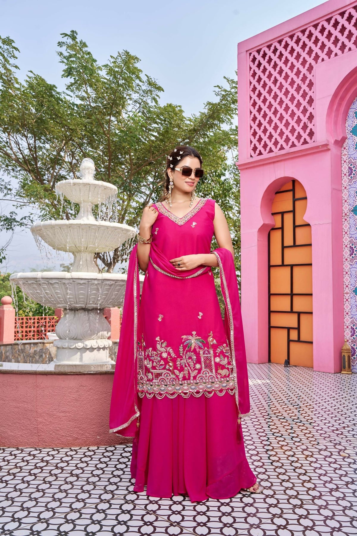 Teeya Creation Womens New Stylish Moti Beads With Cording Sequence Thread Embroidery Work Pink Kurta Set | Grocsy