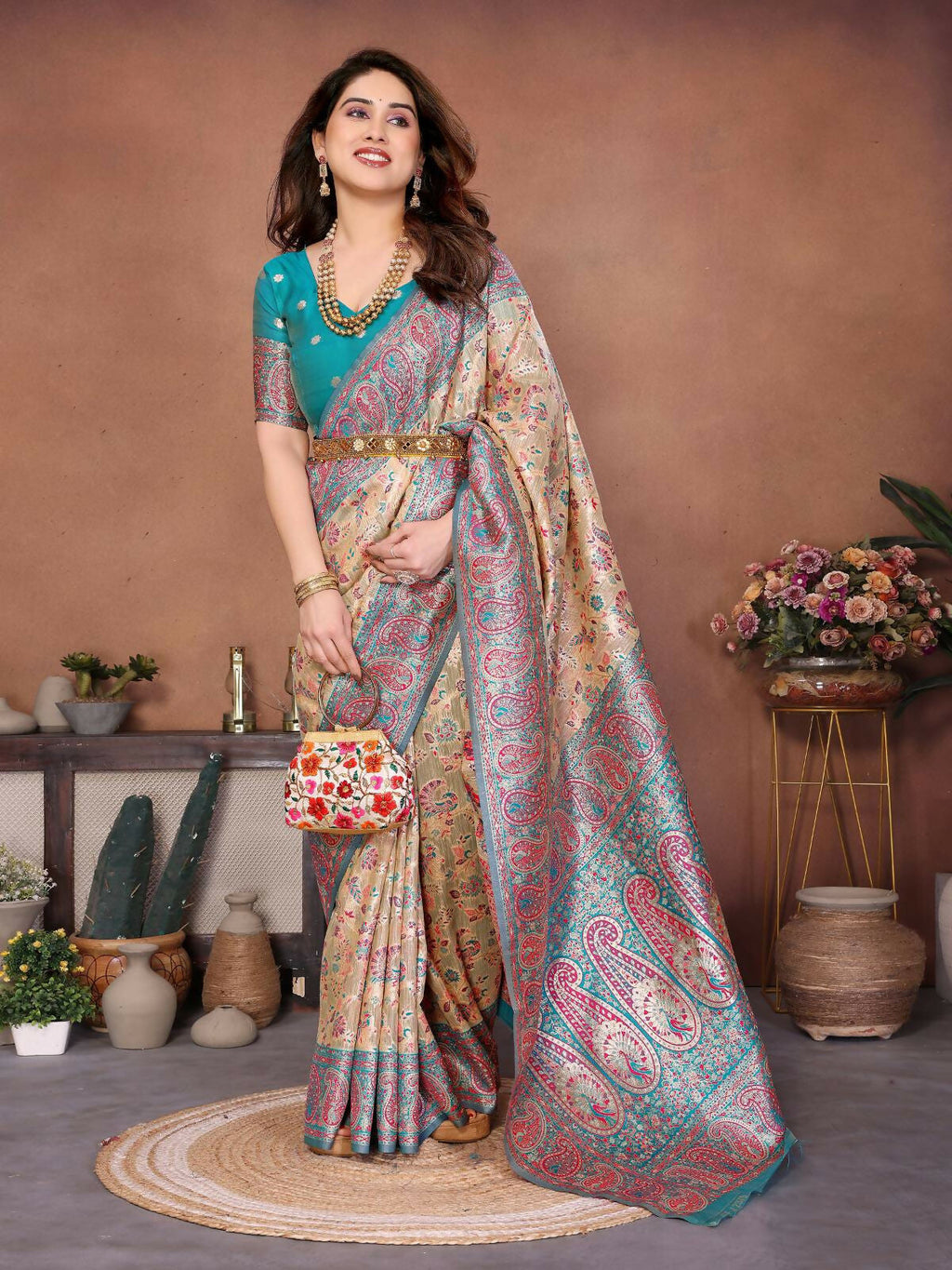 Teeya Creation New Latest Trendy Wedding Wear Pashmina Silk Saree-Cream | Grocsy
