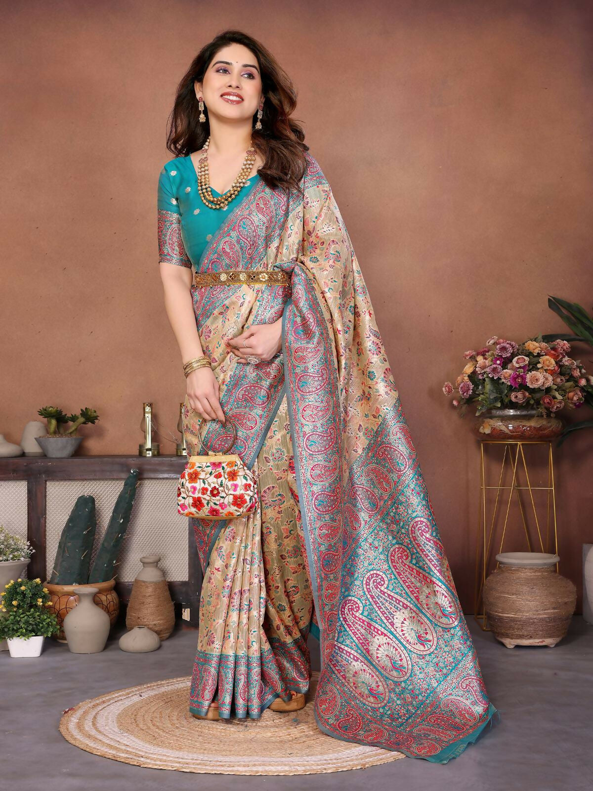 Teeya Creation New Latest Trendy Wedding Wear Pashmina Silk Saree-Cream | Grocsy