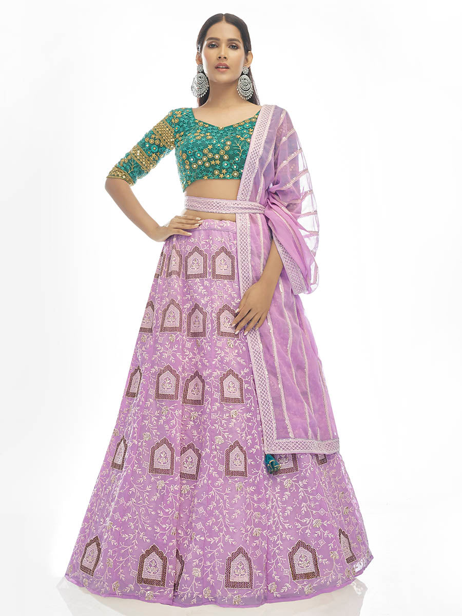 Myra Lilac Georgette Embroidered Designer Lehenga | Grocsy