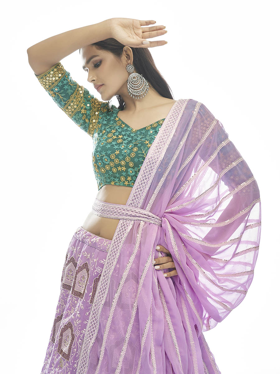 Myra Lilac Georgette Embroidered Designer Lehenga | Grocsy
