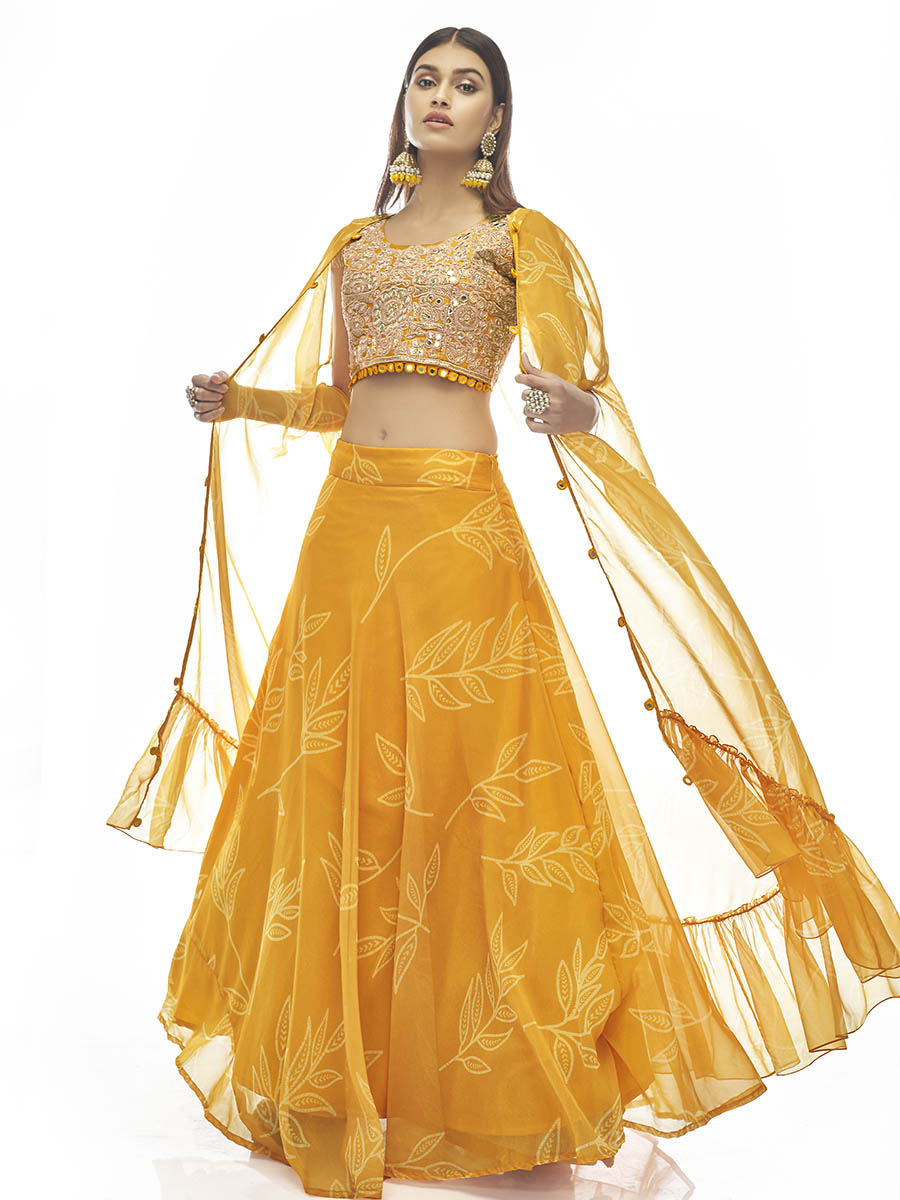 Myra Musturd Organza Embroidered Designer Lehenga | Grocsy